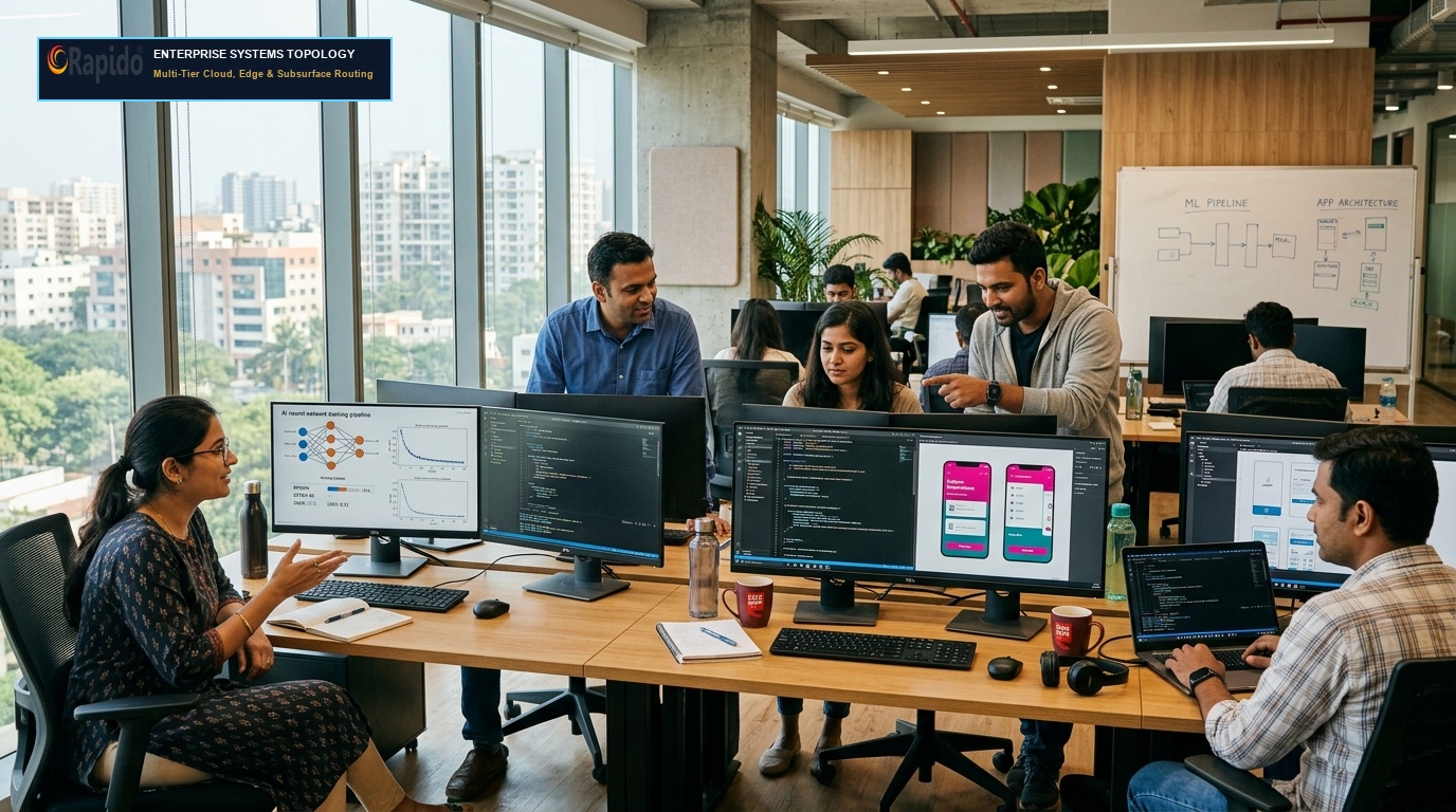Executive solution architects reviewing cloud platform topologies in Ahmedabad