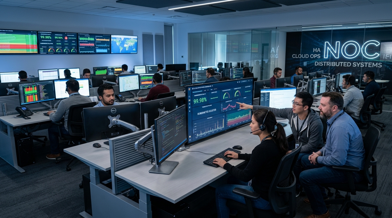 Cloud operations team monitoring high-availability microservices